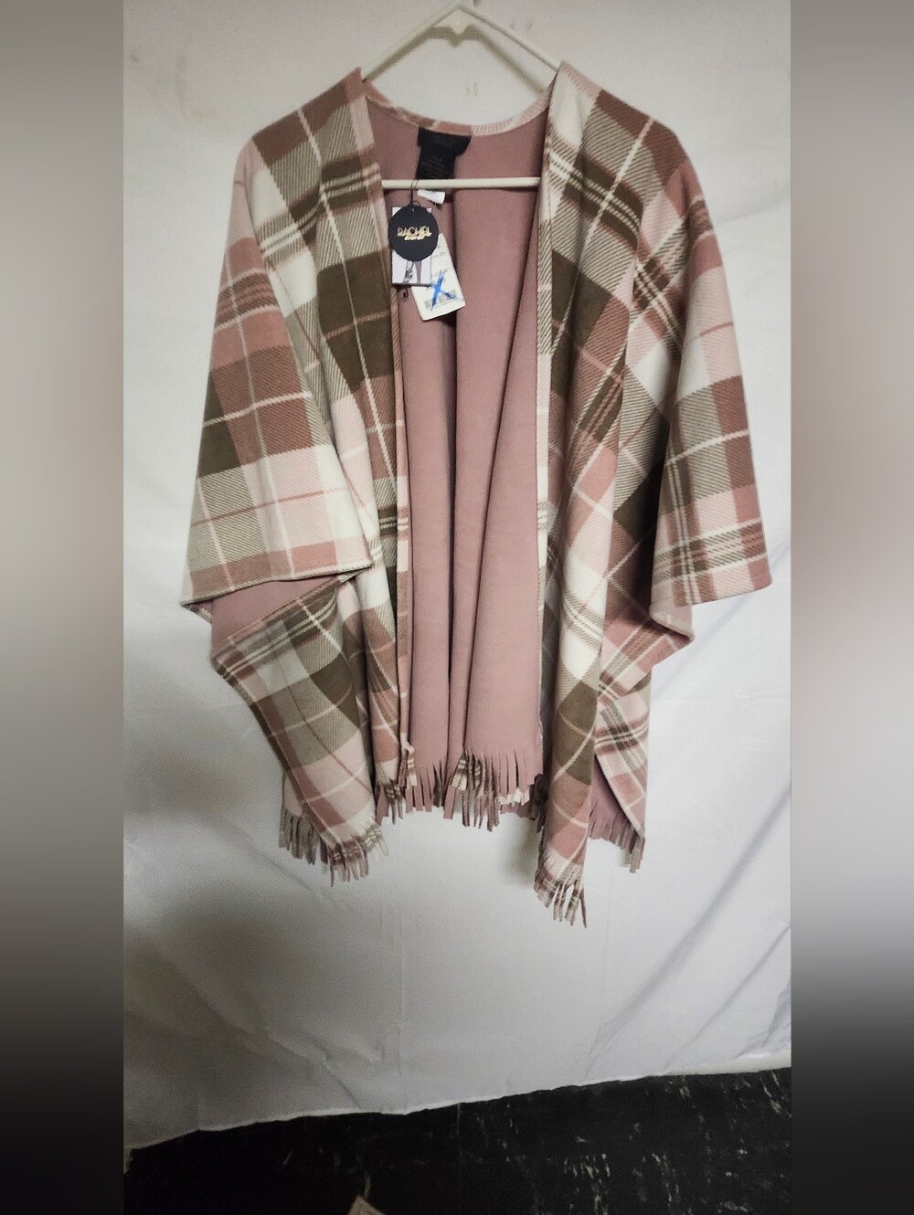 RACHEL Rachel Roy Plaid Fringe Open-Front Cape - Blush Pink & Brown